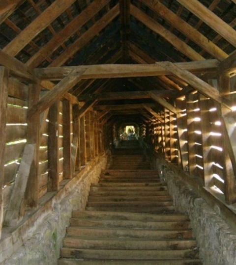 Laiptai dengti mediniu stogu, atrodo tarsi tunelis